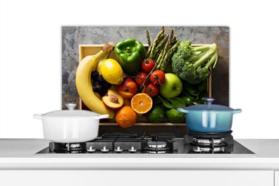 Spritzschutz Küchenrückwand - 70x50 cm Kiste - Obst - Regenbogen (Gr. 70x50 cm)