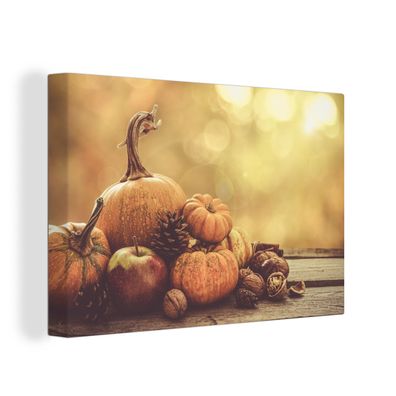 Leinwandbilder - Wanddeko 60x40 cm Kürbis - Herbst - Tannenzapfen - Obst - Apfel