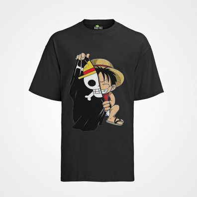 Herren Bio T-Shirt One Piece Anime Ruffy Kid Kind Luffy Piraten Otaku Manga Flag