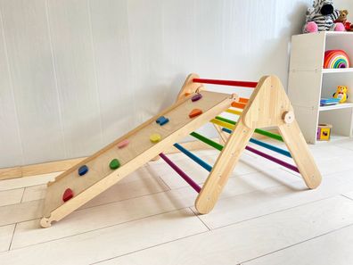 Klappbares Massivholz Kletterdreieck mit Rutsch- und Kletterbrett nach Pikler Art