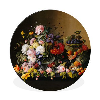 Wandbild Runde Bilder 90x90 cm Stilleben mit Blumen und Früchten - Kunstwerk - Alte M