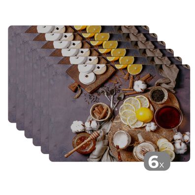 Placemats Tischset 6-teilig 45x30 cm Tee - Zitrone - Honig - Donut - Kräuter