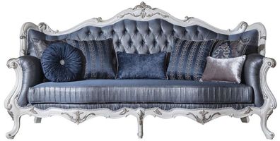 Casa Padrino Luxus Barock Wohnzimmer Sofa mit dekorativen Kissen Blau / Weiß / Silber