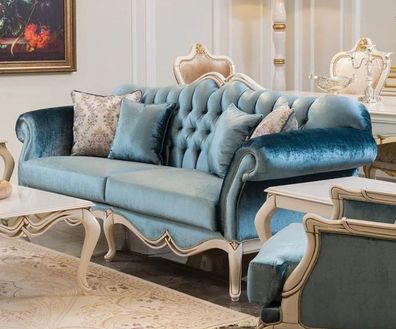 Casa Padrino Luxus Barock Sofa Blau / Weiß 225 x 87 x H. 101 cm - Wohnzimmer Sofa mit