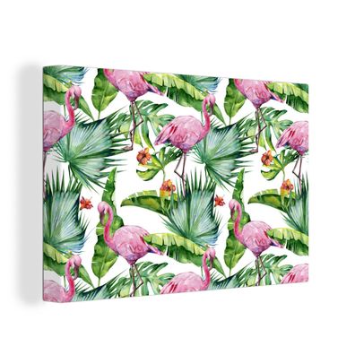 Leinwandbilder - Wanddeko 150x100 cm Blätter - Flamingo - Blumen - Dschungel