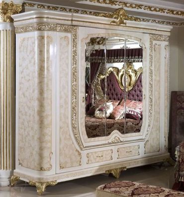 Casa Padrino Luxus Barock Schlafzimmerschrank Weiß / Beige / Gold - Massivholz