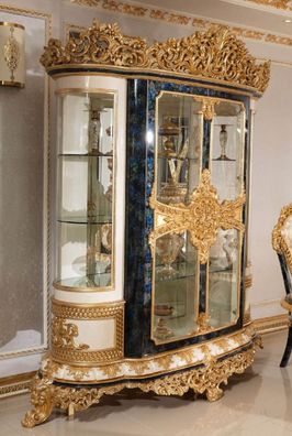 Casa Padrino Luxus Barock Vitrine Weiß / Blau / Gold - Vitrinenschrank mit Glastüren