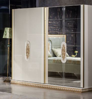 Casa Padrino Luxus Barock Schlafzimmerschrank Weiß / Gold - Verspiegelter Massivholz