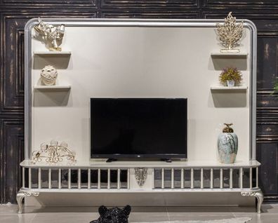 Casa Padrino Luxus Barock TV Schrank Weiß / Silber - Prunkvolles Wohnzimmer Sideboard