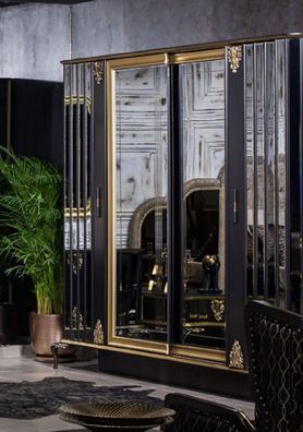 Casa Padrino Luxus Barock Schlafzimmerschrank Schwarz / Gold - Verspiegelter Massivho