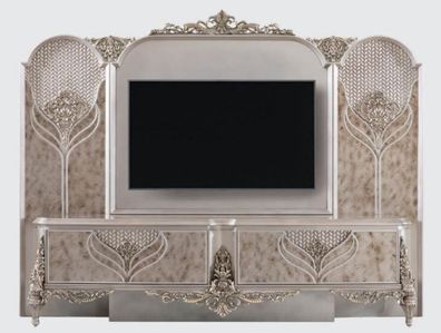 Casa Padrino Luxus Barock TV Schrank Silber - Prunkvolles Wohnzimmer Sideboard mit Rü