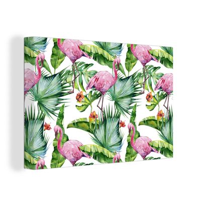 Leinwandbilder - Wanddeko 140x90 cm Blätter - Flamingo - Blumen - Dschungel