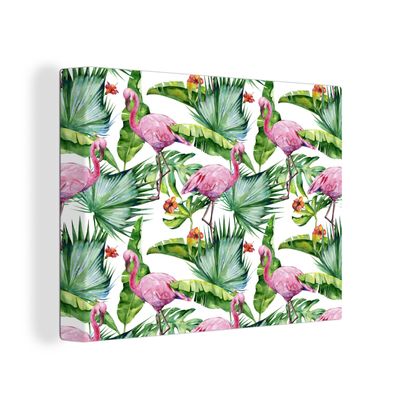 Leinwandbilder - Wanddeko 120x90 cm Blätter - Flamingo - Blumen - Dschungel