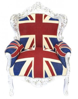 Casa Padrino Barock Sessel "King" Union Jack / Silber - Möbel Antik Stil- Englische
