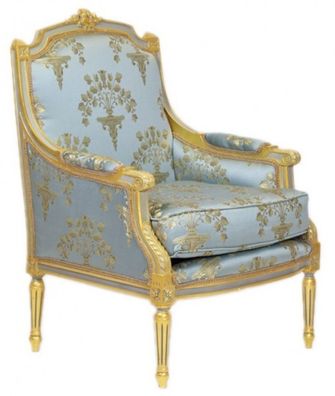Casa Padrino Barock Lounge Thron Sessel Empire Blau-Grau Gold Muster / Gold - Ohren S