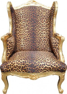 Casa Padrino Barock Lounge Thron Sessel Leopard / Gold - Ohren Sessel - Ohrensessel T
