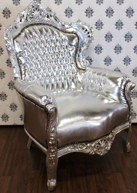Barock Sessel King Silber/ Silber Lederoptik - Möbel Antik Stil