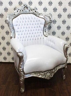 Barock Sessel King Weiß/ Silber Lederoptik - Möbel Antik Stil