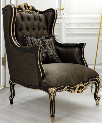 Casa Padrino Luxus Barock Wohnzimmer Sessel mit Kissen Grau / Schwarz / Gold 75 x 83