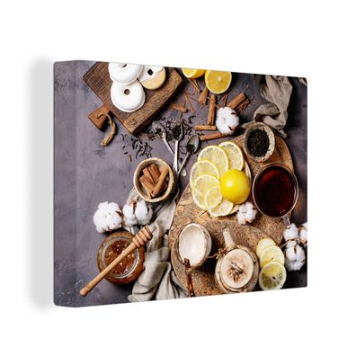 Leinwandbilder - Wanddeko 80x60 cm Tee - Zitrone - Honig - Donut - Kräuter