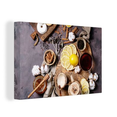 Leinwandbilder - Wanddeko 30x20 cm Tee - Zitrone - Honig - Donut - Kräuter