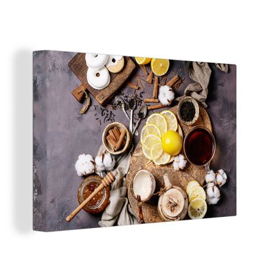 Leinwandbilder - Wanddeko 150x100 cm Tee - Zitrone - Honig - Donut - Kräuter