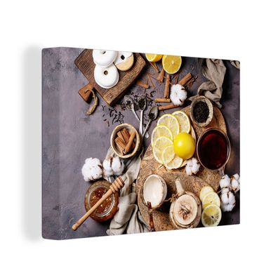 Leinwandbilder - Wanddeko 40x30 cm Tee - Zitrone - Honig - Donut - Kräuter
