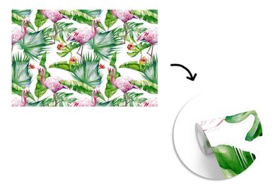 Tapete Fototapete - 330x220 cm Blätter - Flamingo - Blumen - Dschungel
