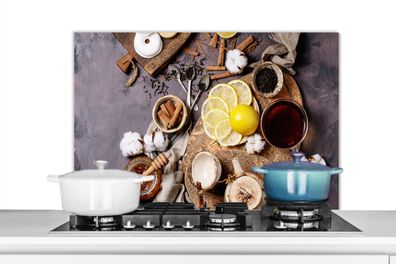 Spritzschutz Küchenrückwand - 90x60 cm Tee - Zitrone - Honig - Donut - Kräuter