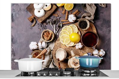 Spritzschutz Küchenrückwand - 120x80 cm Tee - Zitrone - Honig - Donut - Kräuter