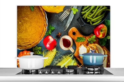Spritzschutz Küchenrückwand - 100x65 cm Gemüse - Gewürze - Besteck - Kuchen