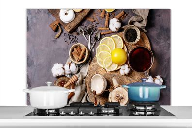 Spritzschutz Küchenrückwand - 100x65 cm Tee - Zitrone - Honig - Donut - Kräuter