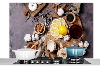 Spritzschutz Küchenrückwand - 120x80 cm Tee - Zitrone - Honig - Donut - Kräuter