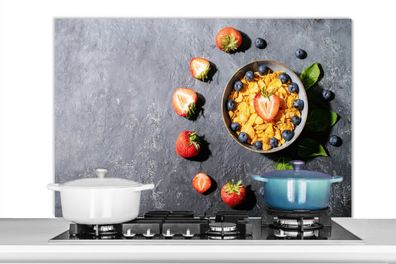 Spritzschutz Küchenrückwand - 100x65 cm Erdbeere - Cornflakes - Beeren - Kräuter