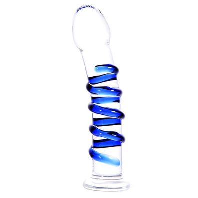 Transparenter Glas-Dildo mit blauer Reizspirale und Standfuß Unisex