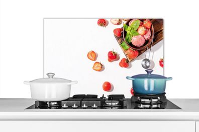 Spritzschutz Küchenrückwand - 70x50 cm Erdbeere - Früchte - Kräuter - Eiszange