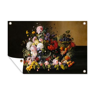 Outdoor-Poster Gartenposter 120x80 cm Stilleben mit Blumen und Früchten - Kunstwerk