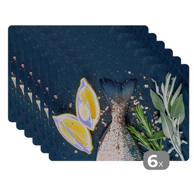 Placemats Tischset 6-teilig 45x30 cm Fisch - Zitrone - Kräuter (Gr. 45x30 cm)