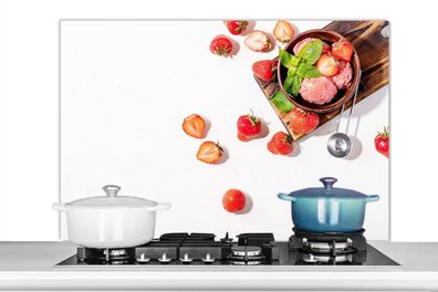 Spritzschutz Küchenrückwand - 100x65 cm Erdbeere - Früchte - Kräuter - Eiszange