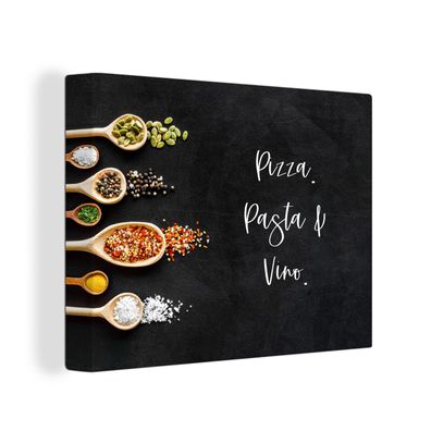 Leinwandbilder - Wanddeko 120x90 cm Pizza. Pasta und Wein. - Zitate - Essen - Gewürze