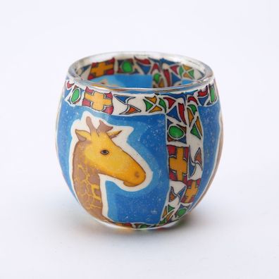 Fimo Glaswindlicht handgemacht blau mit Giraffe und afrikanischem Muster
