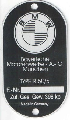 BMW Typenschild R 50 / S, Alu, Blanko, Neu, Motorrad