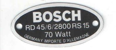 Typenschild Bosch Lichtmaschine RD 45/6/2800RS 14, Alu, Blanko, Neu, Oldtimer