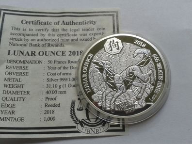 50 Francs 2018 PP Ruanda Hund Lunar 1 Unze Silber mit Zertifikat 50 Francs 2018 PP