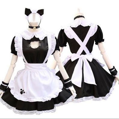 Lolita Apron Dress Cat Sexy Hollow Maid Cosplay Costume Girls Dress Suit+
