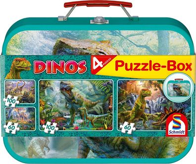 Schmidt Spiele 56495 Dinos Dinosaurier 4er Kinder-Puzzle-Box im Metallkoffer