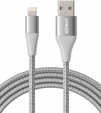 Anker Powerline+ II Nylon-Ladekabel Lightning Kabel MFi iPad iPhone 1,8m Silber