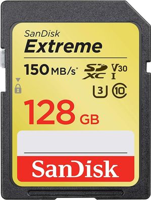 SanDisk Extreme 128GB SDXC Memory Card 150MBs Class 10 U3 V30 4K UHD Video