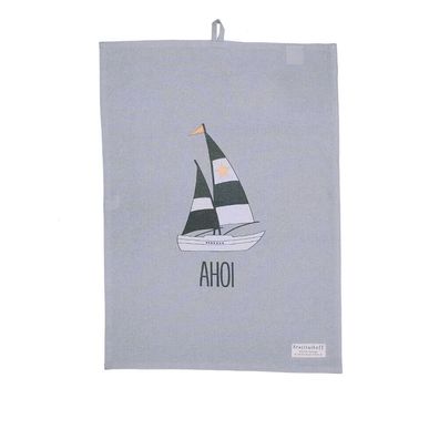 Geschirr Handtuch Maritim Ahoi Segelboot Farbe Grau Baumwolle 70 x 50 cm