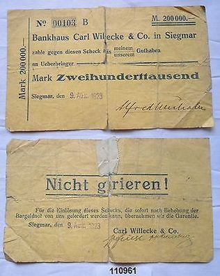 200000 Mark Banknote Inflation Bankhaus Carl Wilecke Siegmar 1923 (110961)